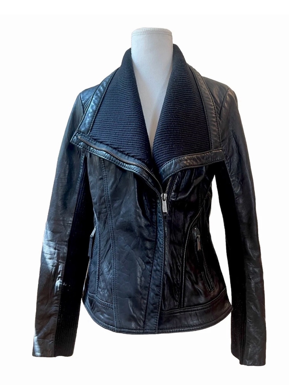 Michael Kors Black Leather Moto Jacket Women Sz M Knit Collar Asymmetrical Zip